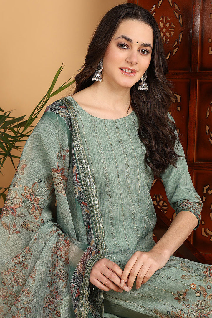 ZERESOUQ-Green-Organza-Floral-Embroidered-Straight-3-Piece-Kurta-Set
