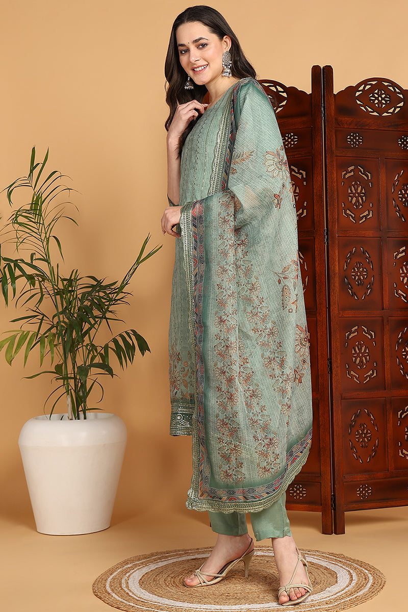 ZERESOUQ-Green-Organza-Floral-Embroidered-Straight-3-Piece-Kurta-Set