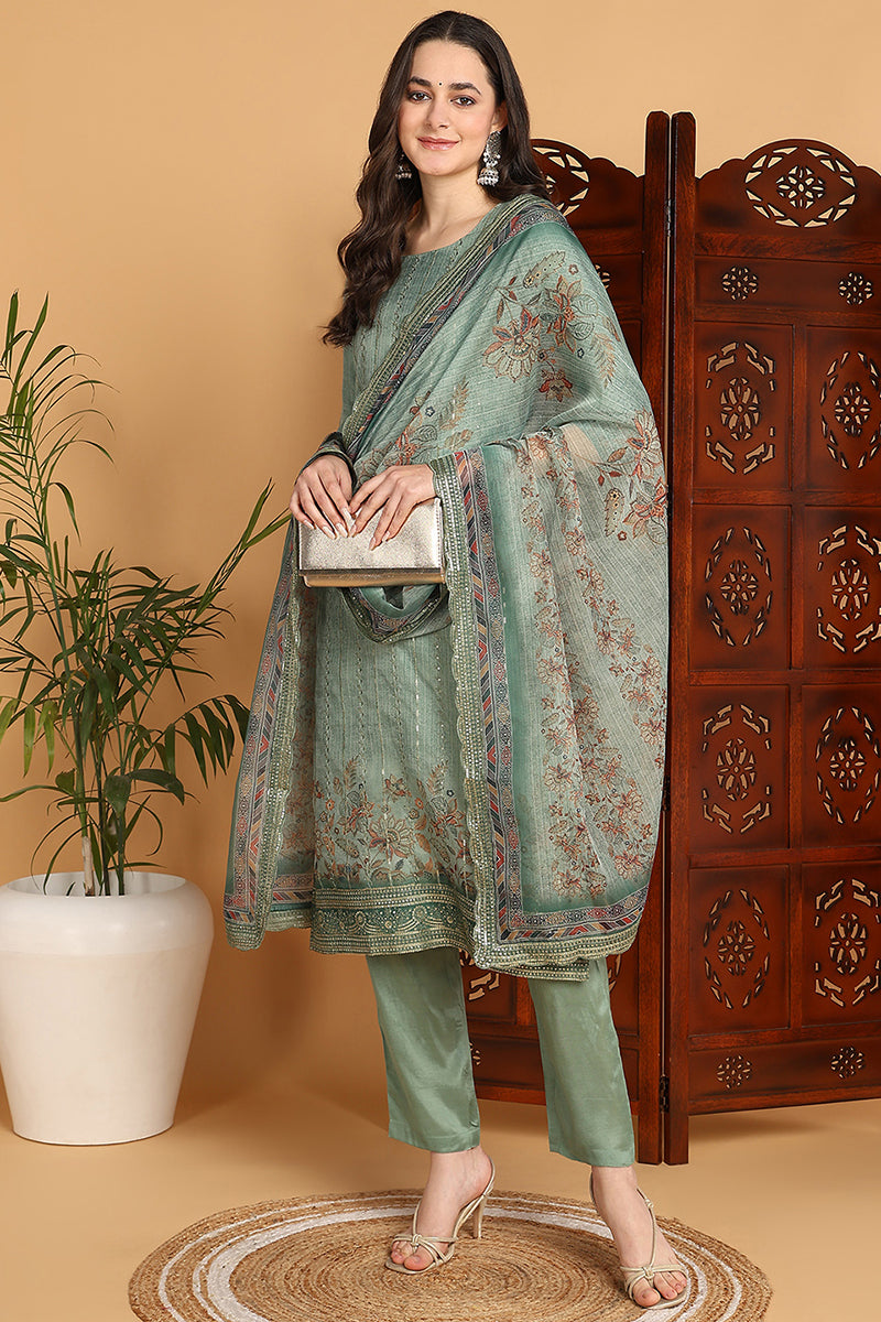 ZERESOUQ-Green-Organza-Floral-Embroidered-Straight-3-Piece-Kurta-Set