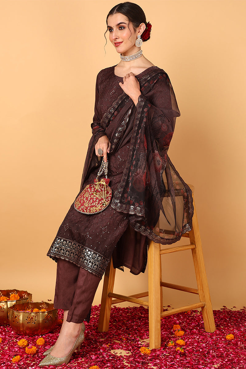 Brown-Organza-Ethnic-Motifs-Embroidered-3-Piece-Kurta-Set