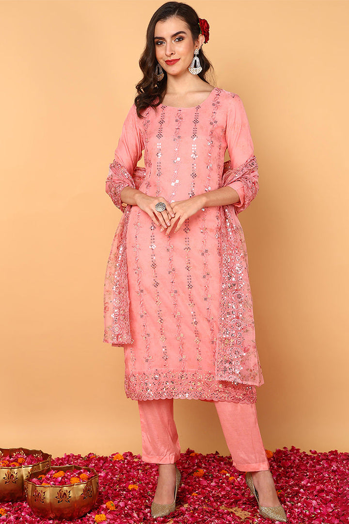 ZERESOUQ-Pink-Organza-Floral-Embroidered-Straight-3-Piece-Kurta-Set