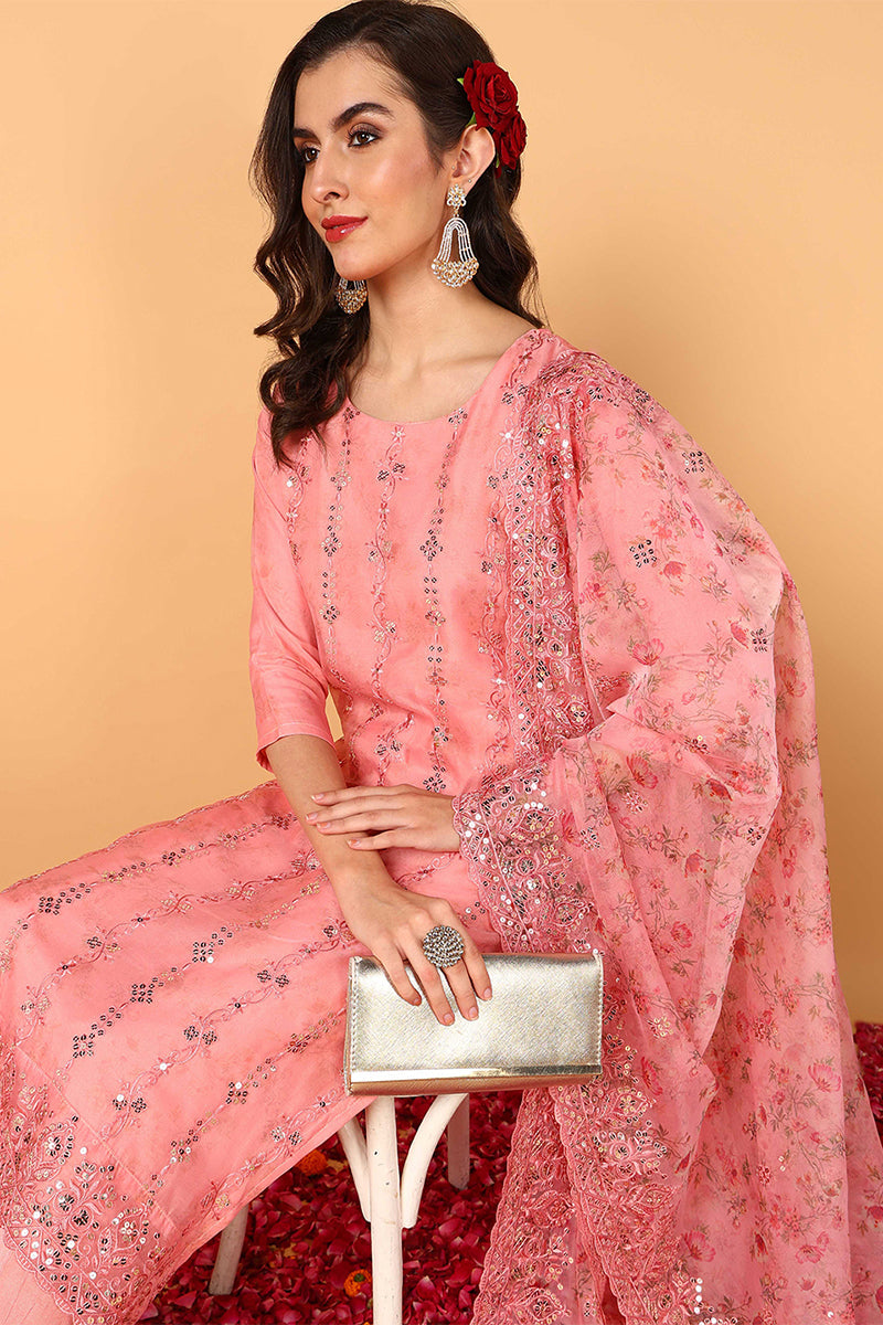 ZERESOUQ-Pink-Organza-Floral-Embroidered-Straight-3-Piece-Kurta-Set