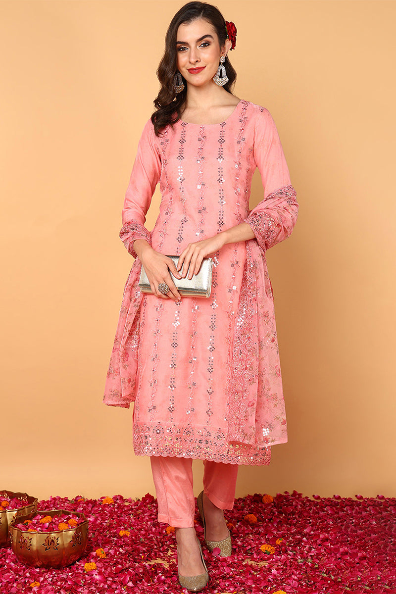 ZERESOUQ-Pink-Organza-Floral-Embroidered-Straight-3-Piece-Kurta-Set