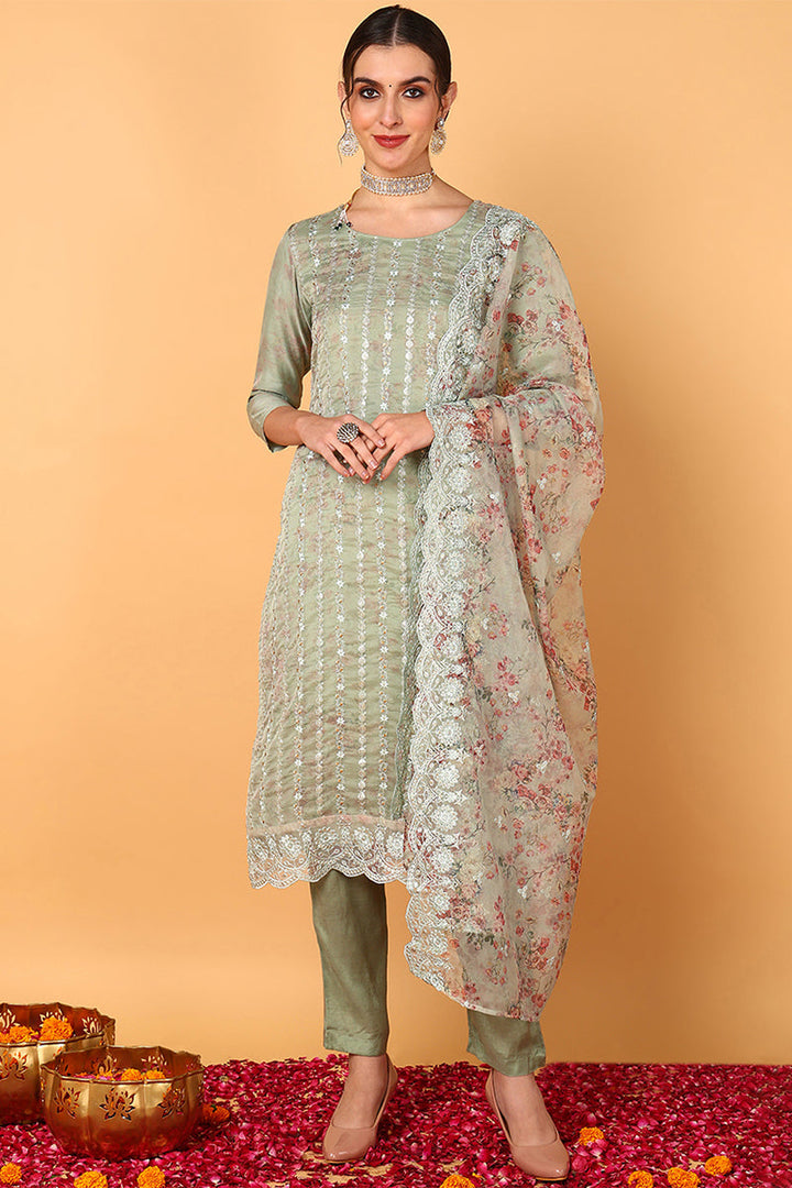 ZERESOUQ-Green-Organza-Floral-Embroidered-Straight-3-Piece-Kurta-Set