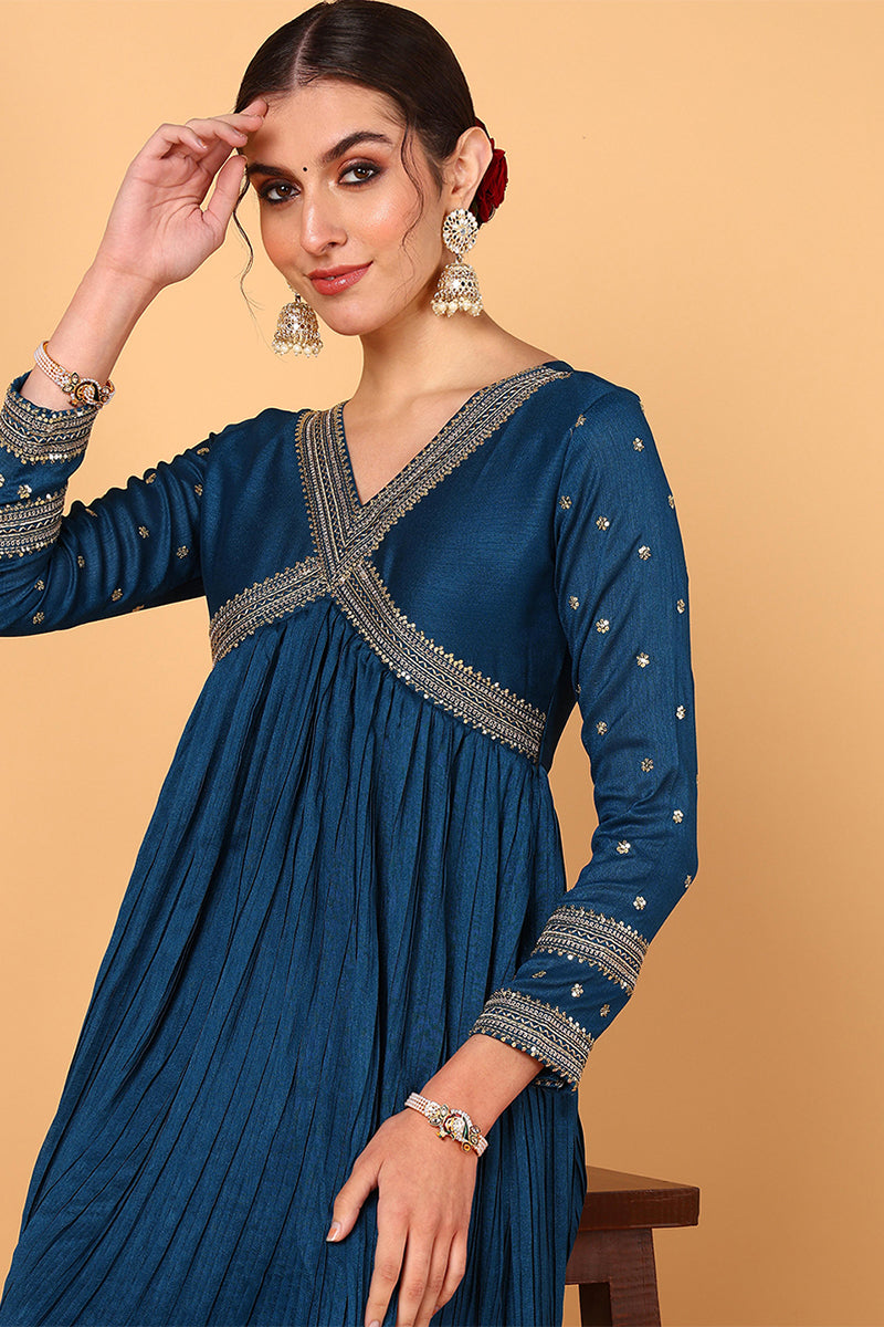 Blue-Silk-Blend-Solid-Embroidered-Anarkali-Set