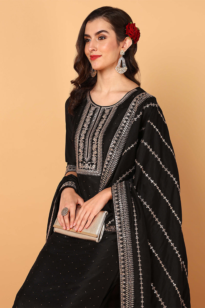 ZERESOUQ-Black-Silk-Blend-Solid-Embroidered-Straight-3-Piece-Kurta-Set