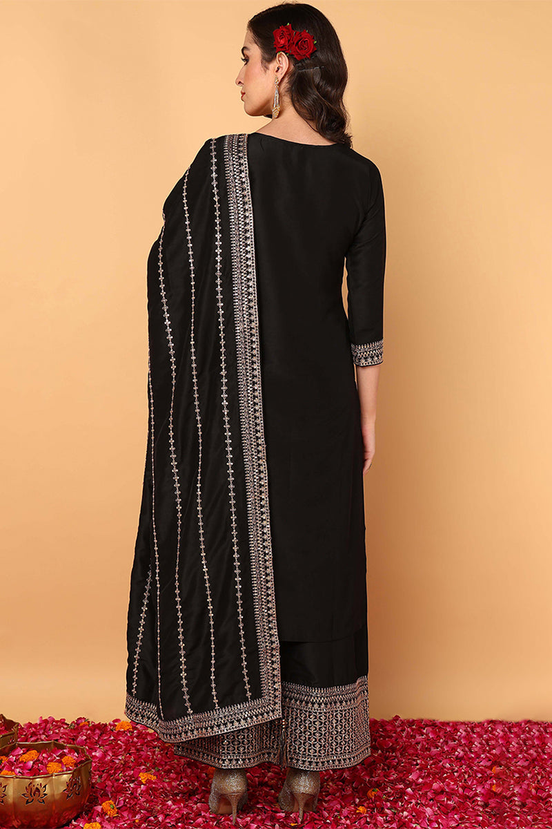 ZERESOUQ-Black-Silk-Blend-Solid-Embroidered-Straight-3-Piece-Kurta-Set