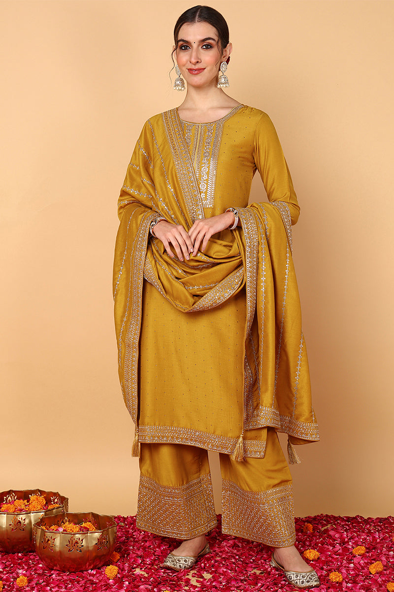 ZERESOUQ-Mustard-Silk-Blend-Solid-Embroidered-3-Piece-Kurta-Set