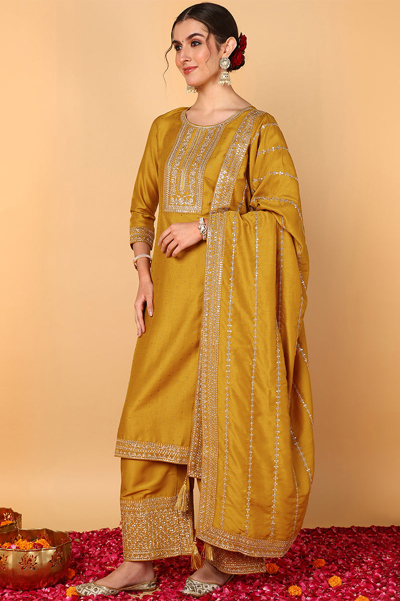 Mustard-Silk-Blend-Solid-Embroidered-3-Piece-Kurta-Set