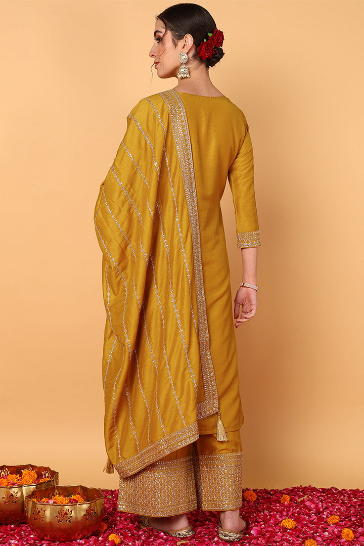 Mustard-Silk-Blend-Solid-Embroidered-3-Piece-Kurta-Set