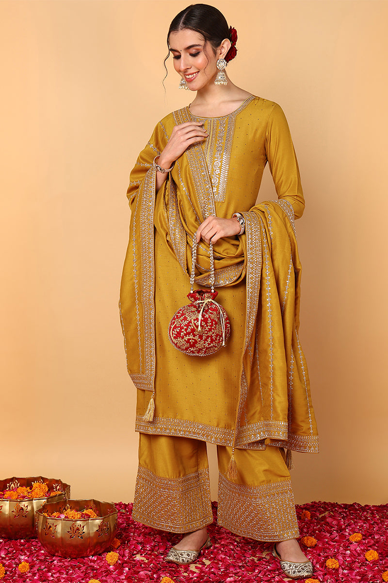 ZERESOUQ-Mustard-Silk-Blend-Solid-Embroidered-3-Piece-Kurta-Set