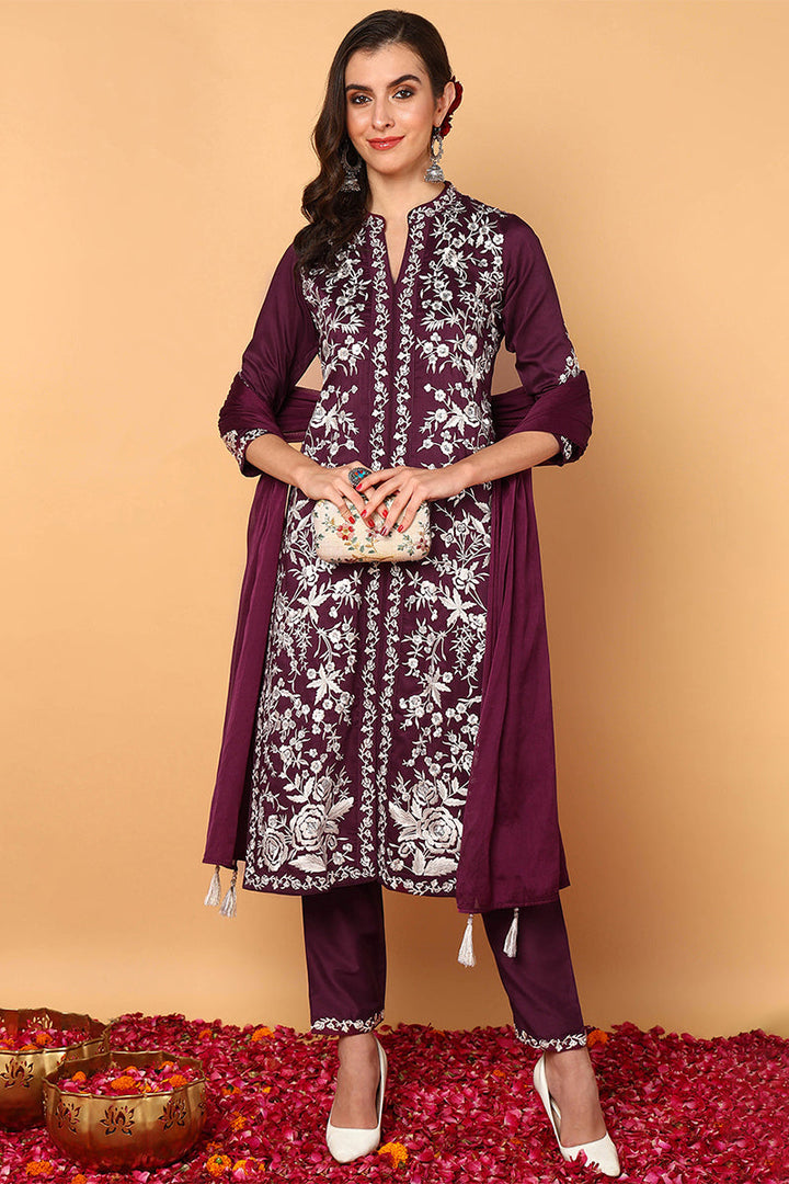 Purple Silk Blend Solid Embroidered Straight Suit Set