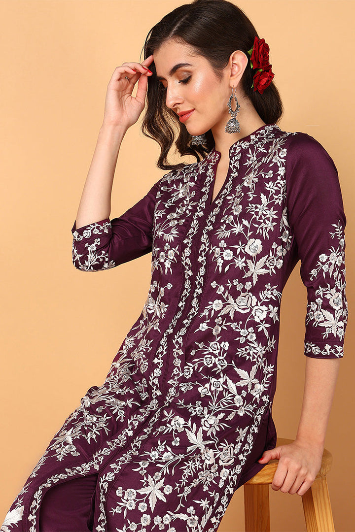 Purple Silk Blend Solid Embroidered Straight Suit Set