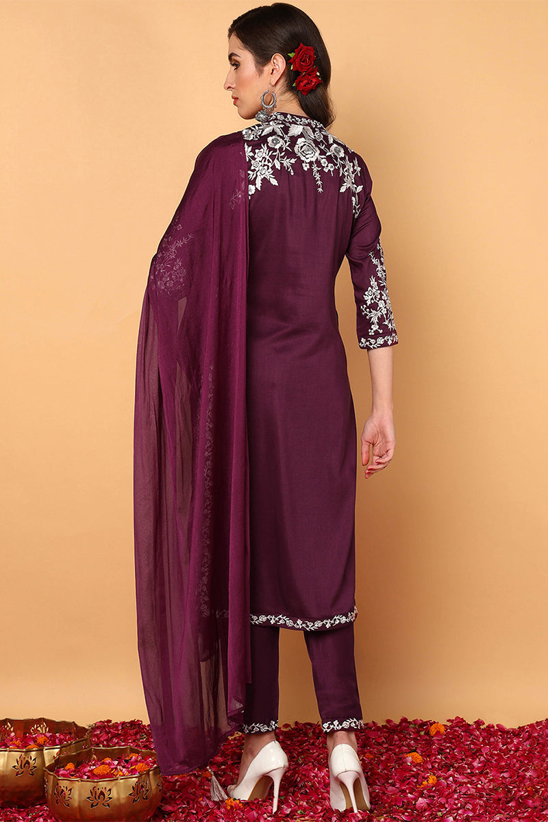 Purple Silk Blend Solid Embroidered Straight Suit Set