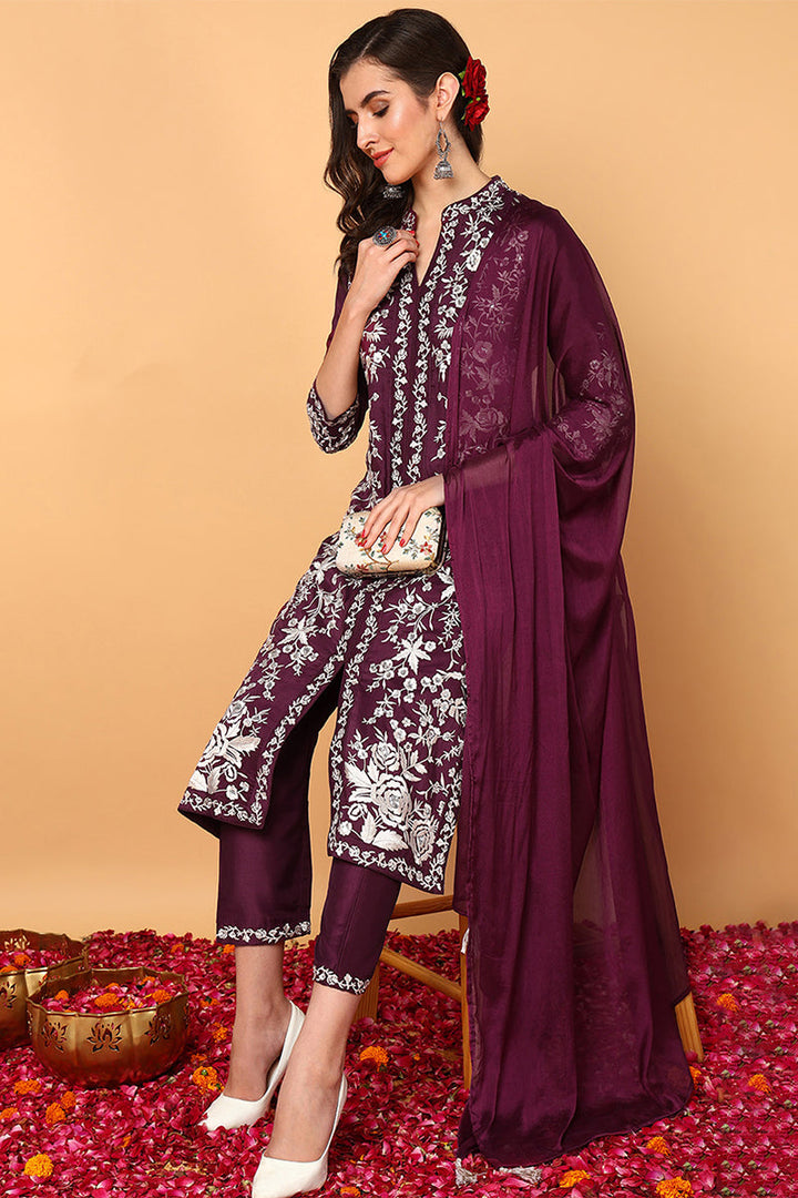 Purple Silk Blend Solid Embroidered Straight Suit Set