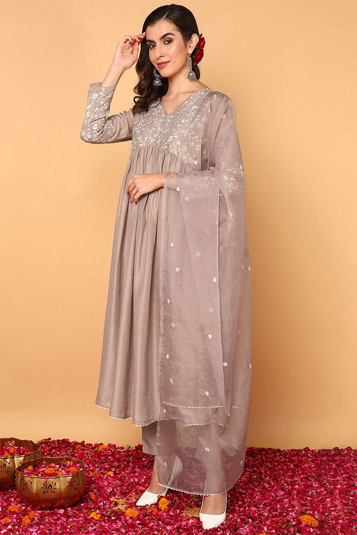 Nude Silk Blend Solid Embroidered Flared Suit Set