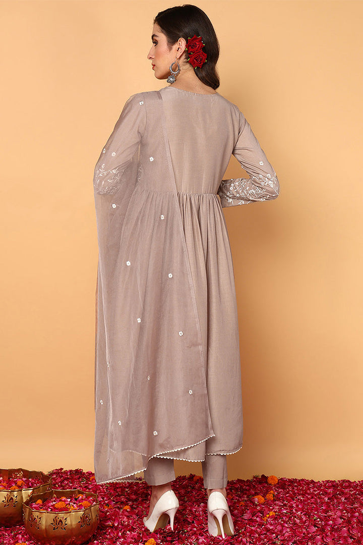 Nude Silk Blend Solid Embroidered Flared Suit Set