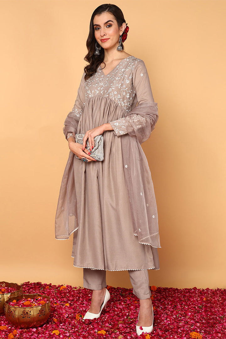 Nude Silk Blend Solid Embroidered Flared Suit Set