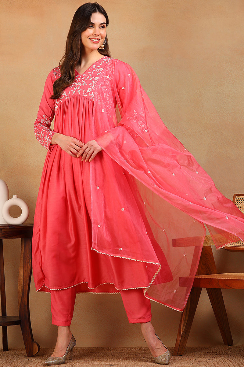 ZERESOUQ-Pink-Silk-Blend-Solid-Embroidered-Flared-3-Piece-Kurta-Set