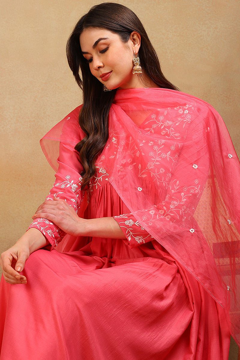 Pink-Silk-Blend-Solid-Embroidered-Flared-3-Piece-Kurta-Set