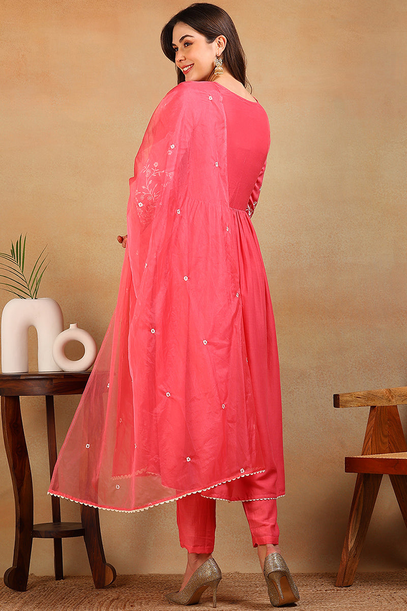 Pink-Silk-Blend-Solid-Embroidered-Flared-3-Piece-Kurta-Set