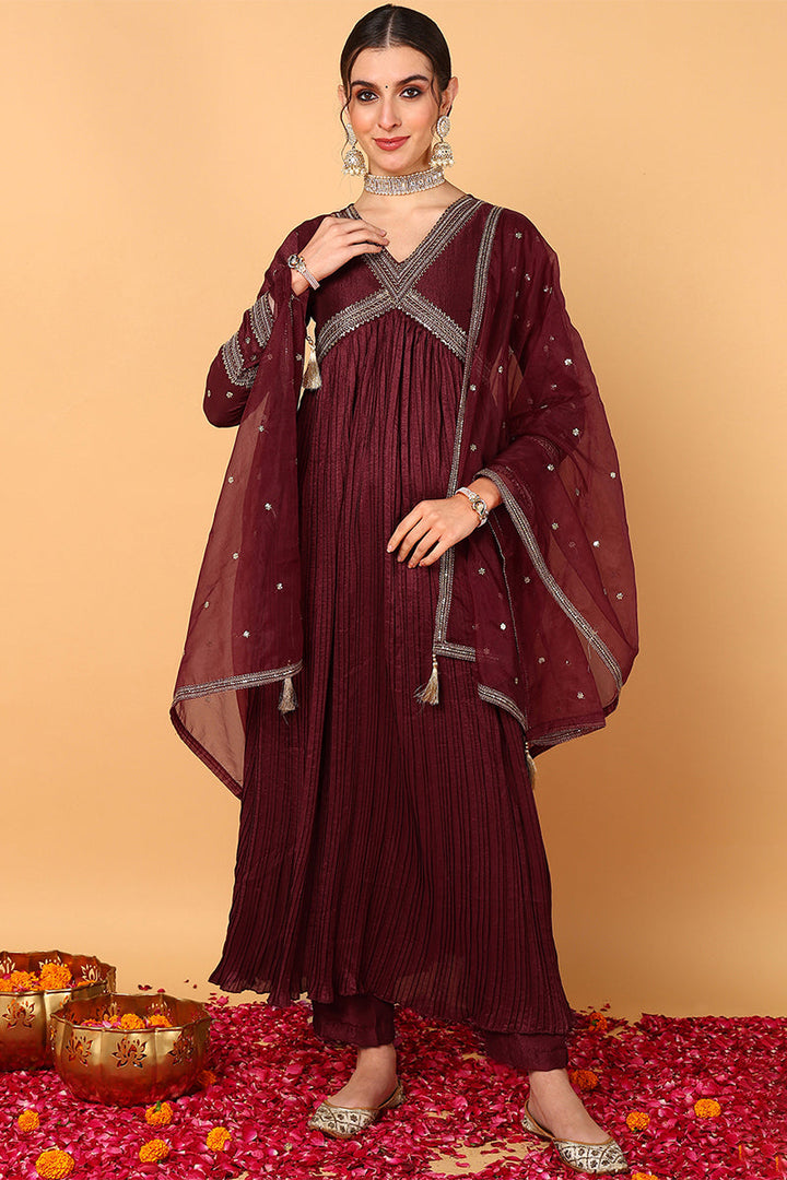 ZERESOUQ-Maroon-Silk-Blend-Solid-Embroidered-Anarkali-Set