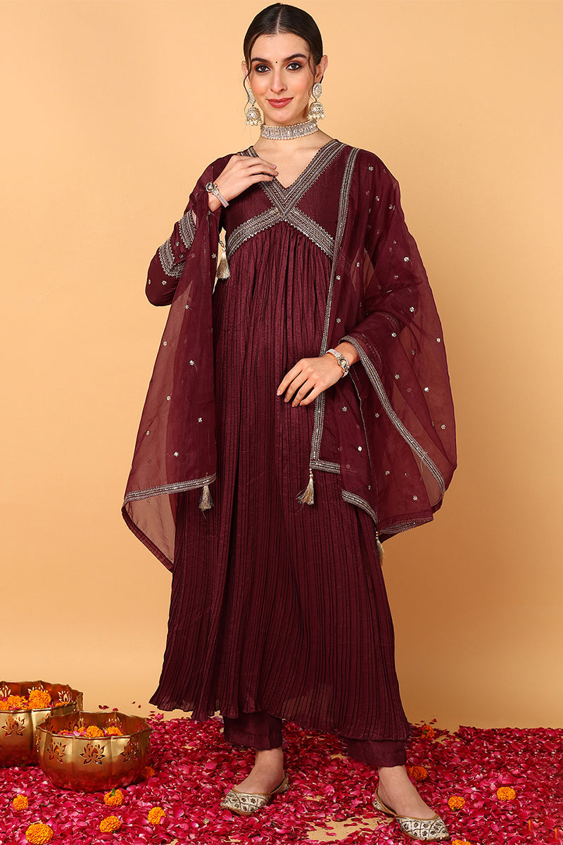 ZERESOUQ-Maroon-Silk-Blend-Solid-Embroidered-Anarkali-Set