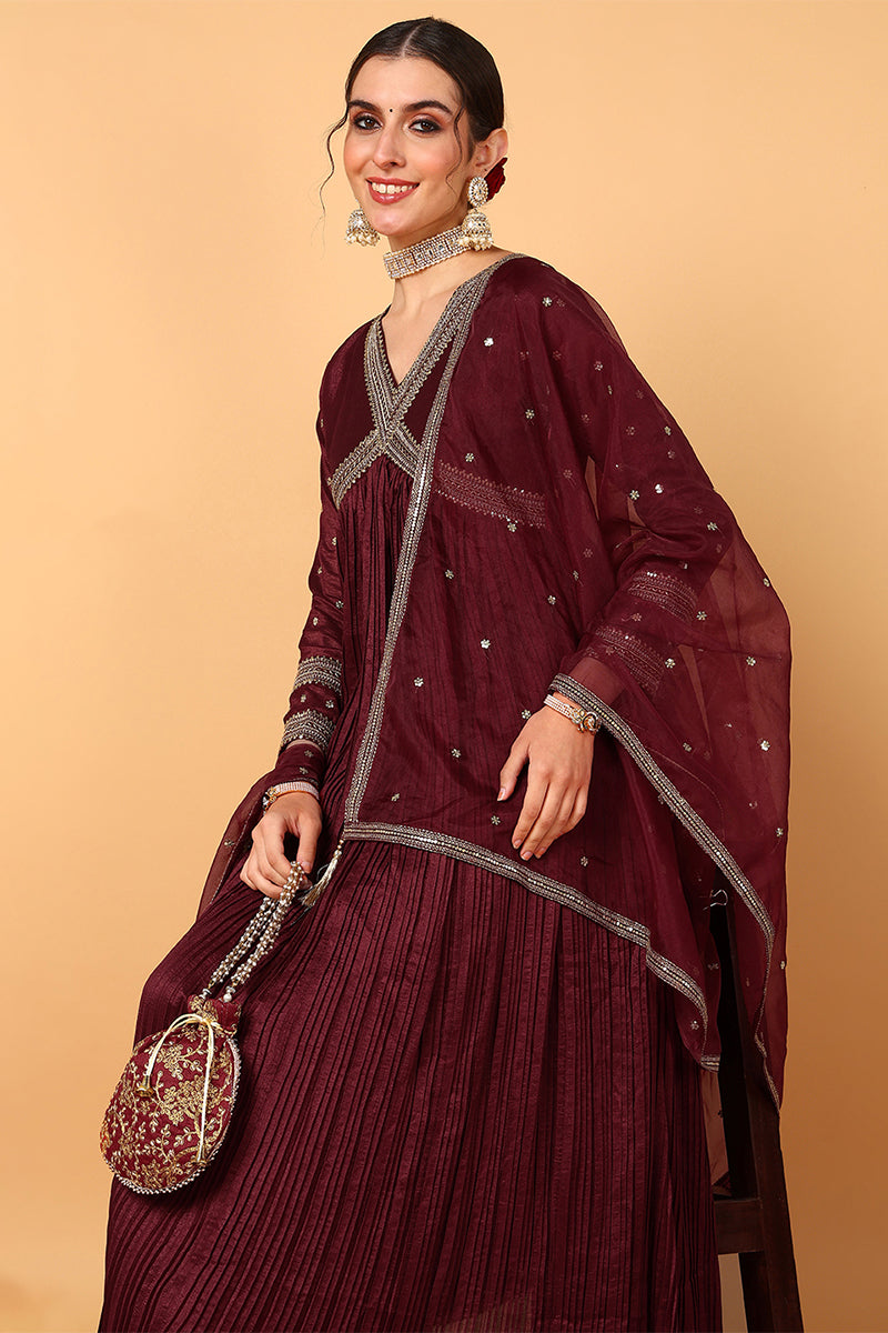 ZERESOUQ-Maroon-Silk-Blend-Solid-Embroidered-Anarkali-Set