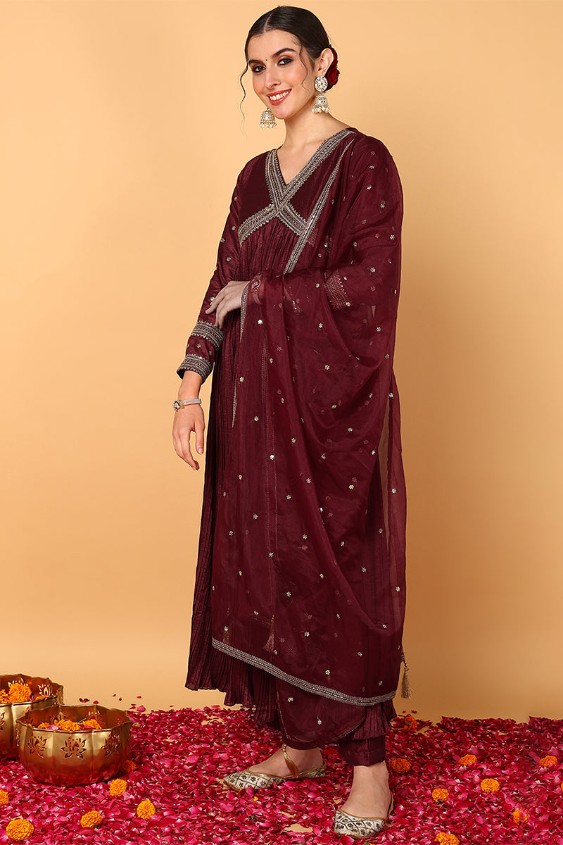 ZERESOUQ-Maroon-Silk-Blend-Solid-Embroidered-Anarkali-Set