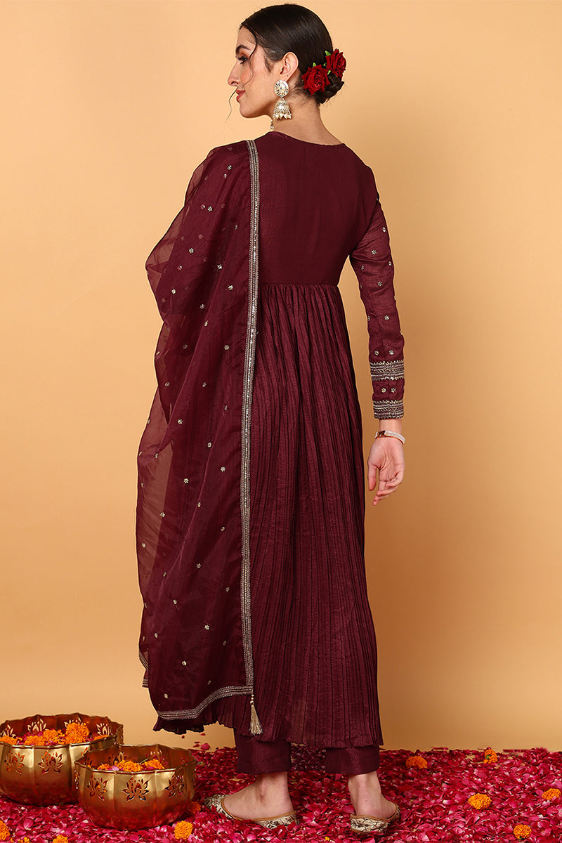 ZERESOUQ-Maroon-Silk-Blend-Solid-Embroidered-Anarkali-Set