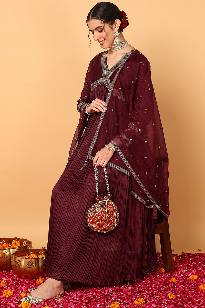 ZERESOUQ-Maroon-Silk-Blend-Solid-Embroidered-Anarkali-Set