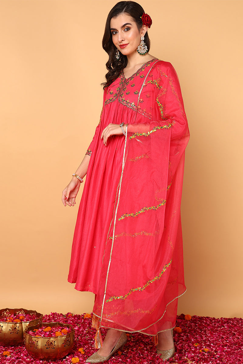 Pink-Silk-Blend-Solid-Embroidered-Flared-3-Piece-Kurta-Set