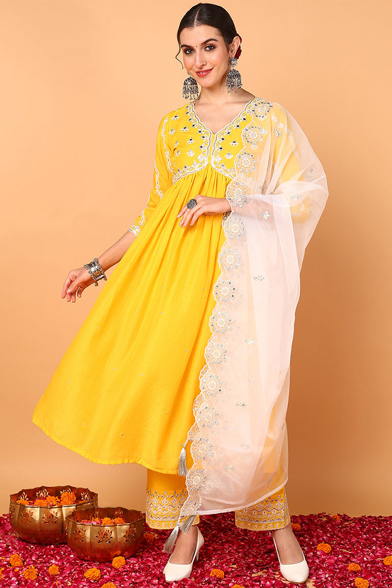 ZERESOUQ-Yellow-Silk-Blend-Solid-Embroidered-Anarkali-Set