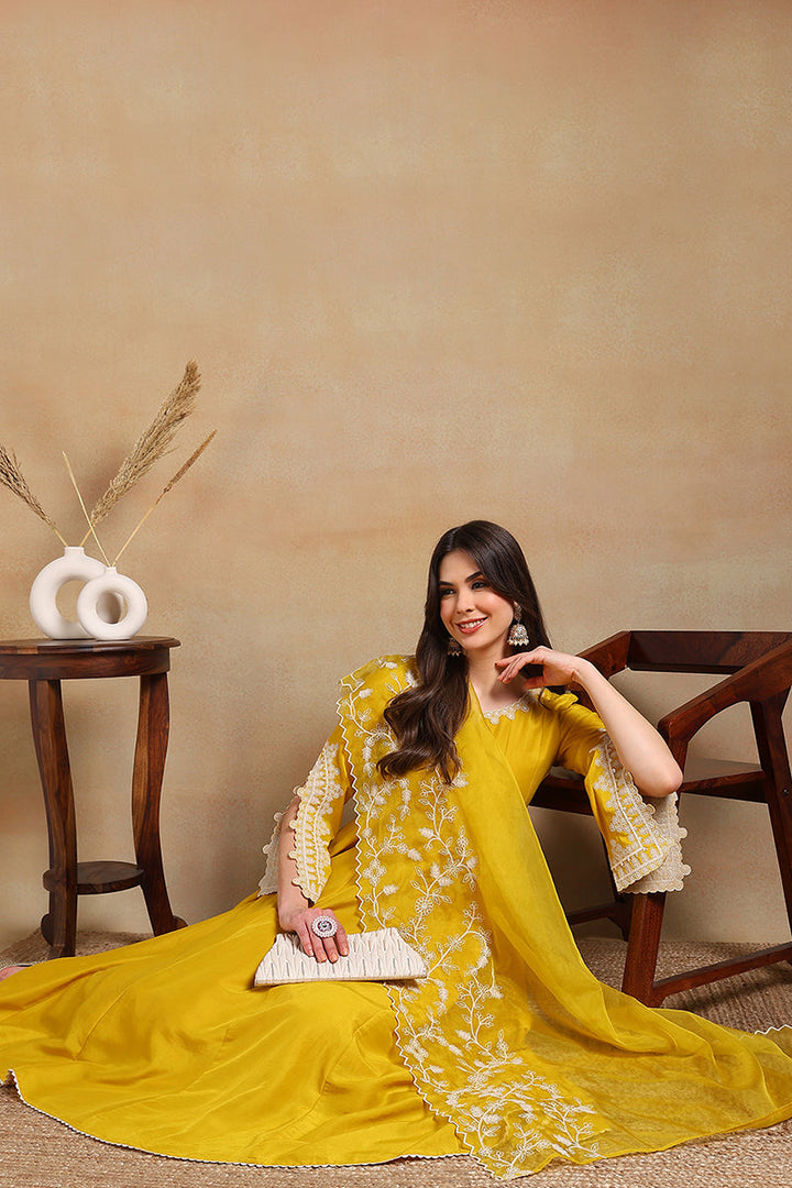 Yellow Silk Blend Solid Embroidered Flared Suit Set