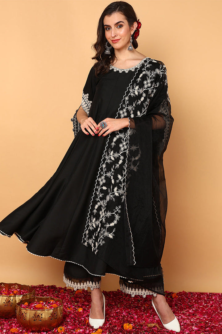 Black Silk Blend Solid Embroidered Flared Suit Set