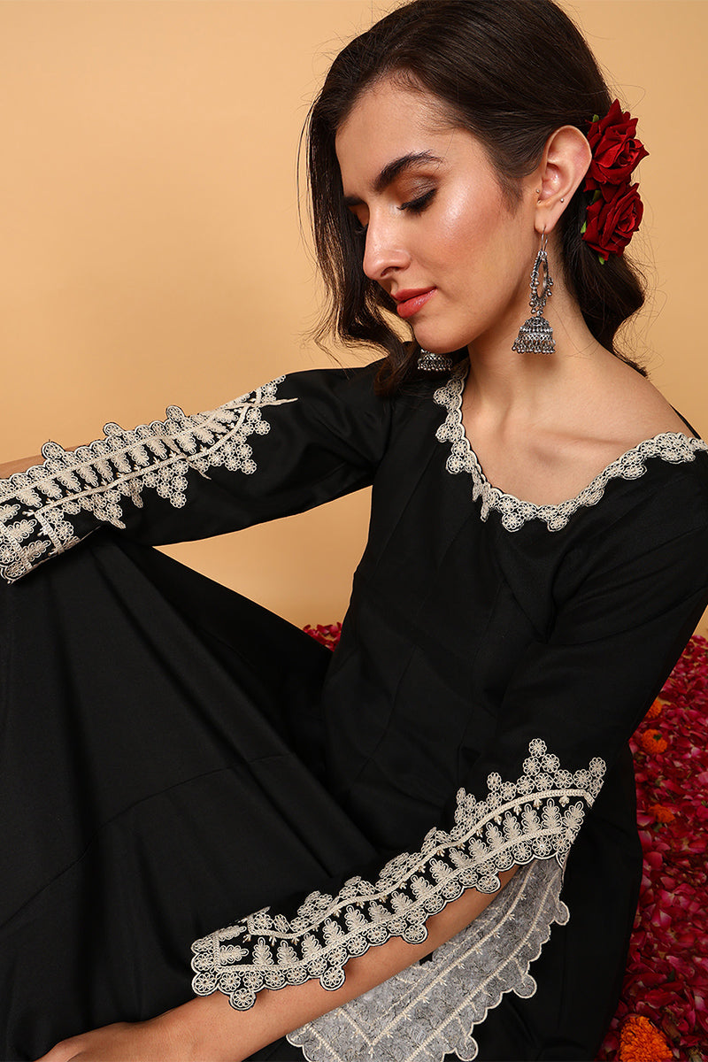 Black Silk Blend Solid Embroidered Flared Suit Set