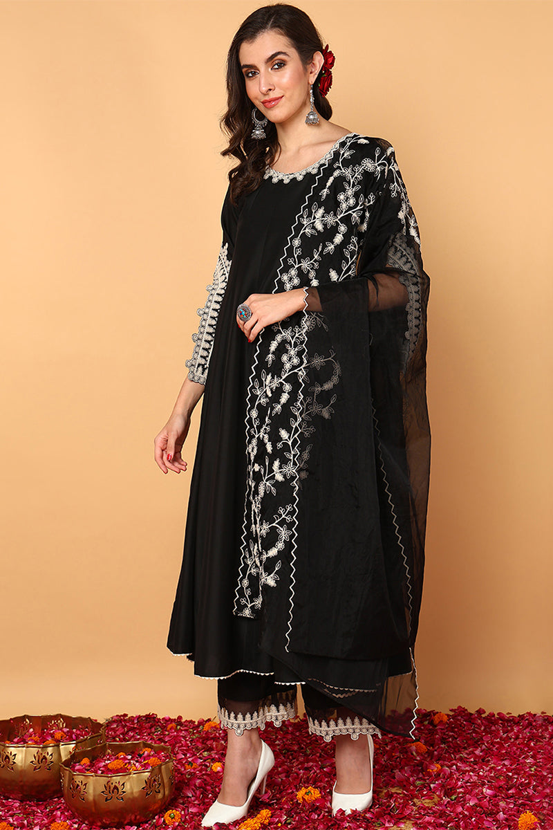 Black Silk Blend Solid Embroidered Flared Suit Set