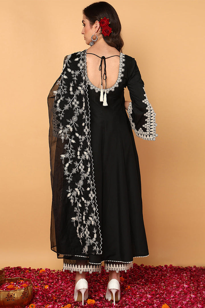 Black Silk Blend Solid Embroidered Flared Suit Set