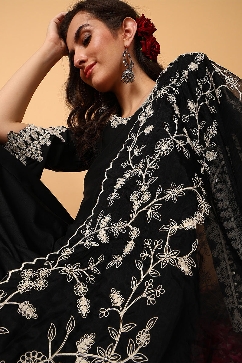 Black Silk Blend Solid Embroidered Flared Suit Set