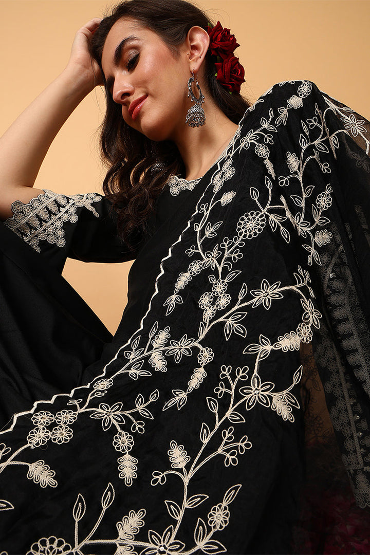 Black Silk Blend Solid Embroidered Flared Suit Set