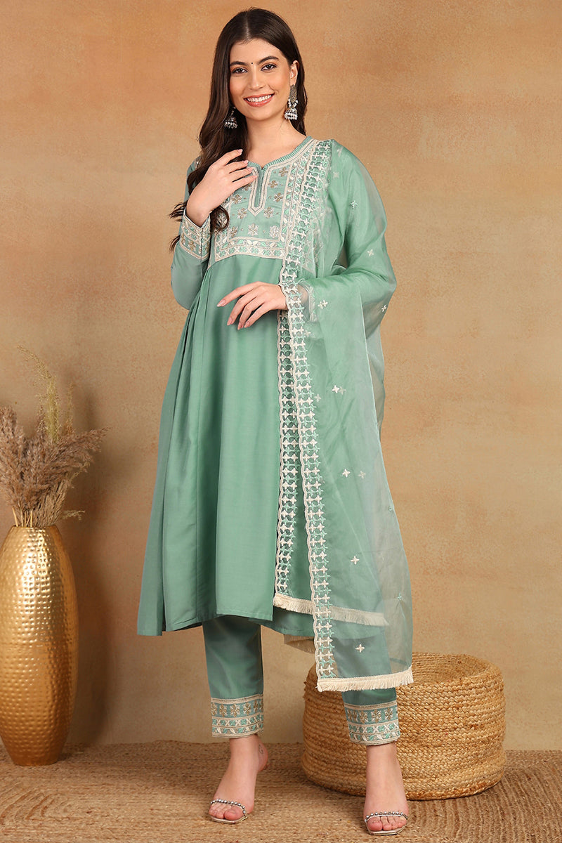 Sea-Green-Silk-Blend-Solid-Embroidered-Flared-Style-Kurta-Set