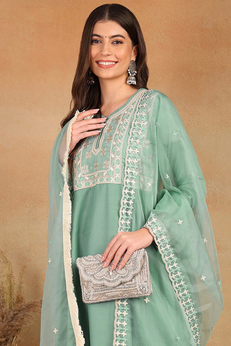 Sea-Green-Silk-Blend-Solid-Embroidered-Flared-Style-Kurta-Set