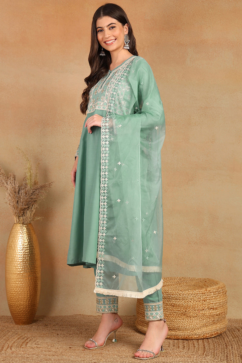 Sea-Green-Silk-Blend-Solid-Embroidered-Flared-Style-Kurta-Set