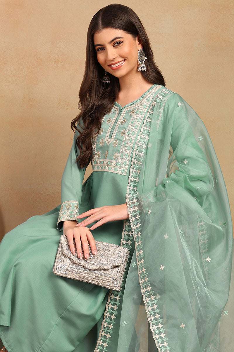Sea-Green-Silk-Blend-Solid-Embroidered-Flared-Style-Kurta-Set