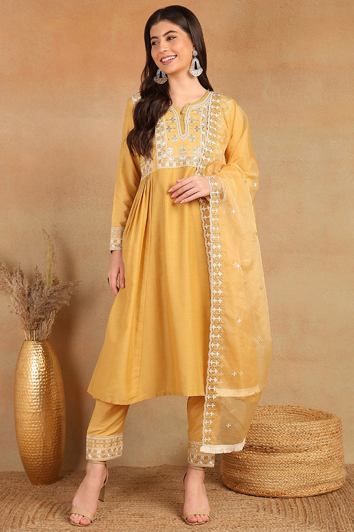 Yellow-Silk-Blend-Solid-Embroidered-Flared-Kurta-Set