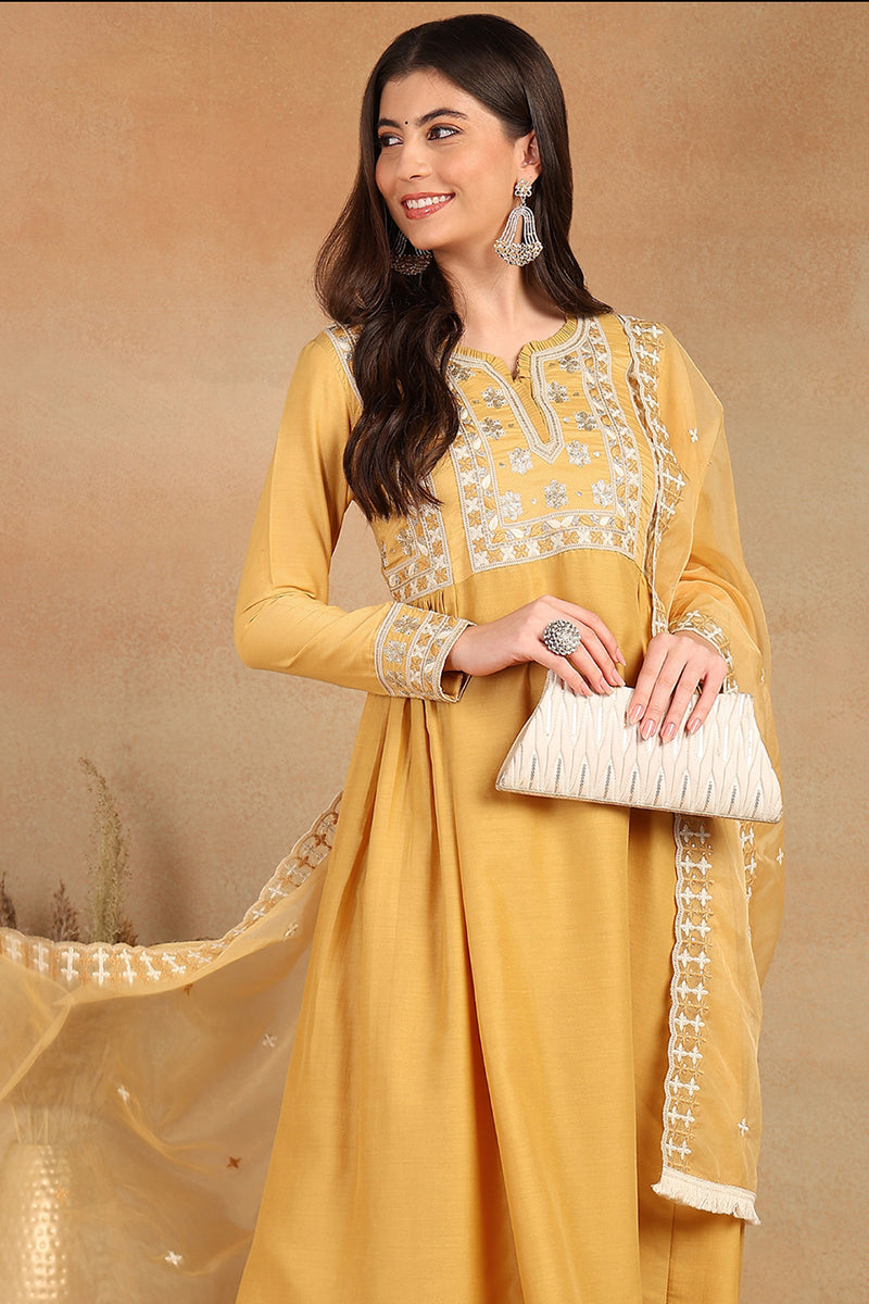 Yellow-Silk-Blend-Solid-Embroidered-Flared-Kurta-Set