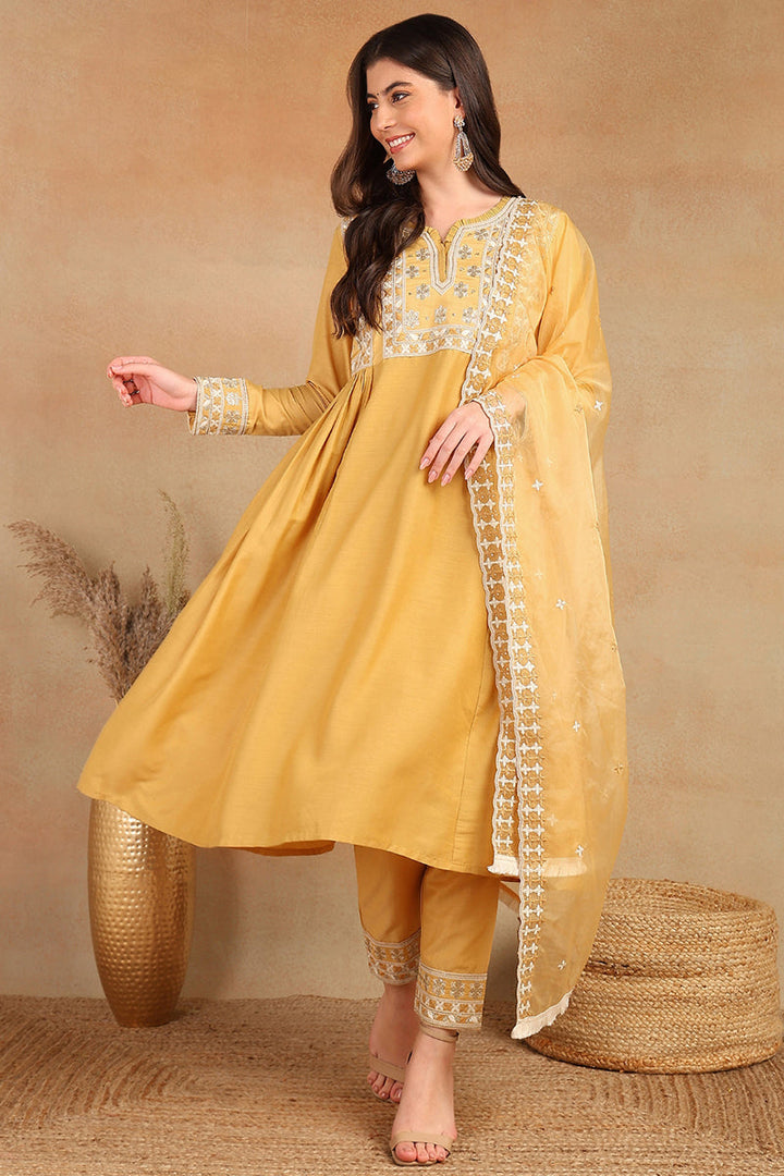 Yellow-Silk-Blend-Solid-Embroidered-Flared-Kurta-Set