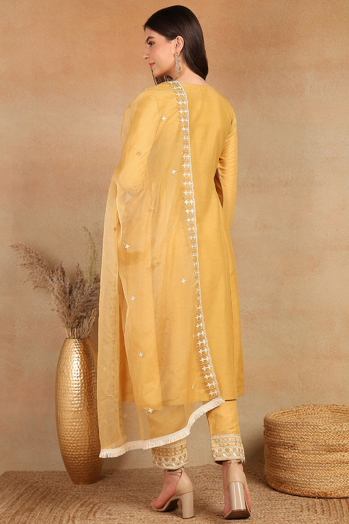 Yellow-Silk-Blend-Solid-Embroidered-Flared-Kurta-Set