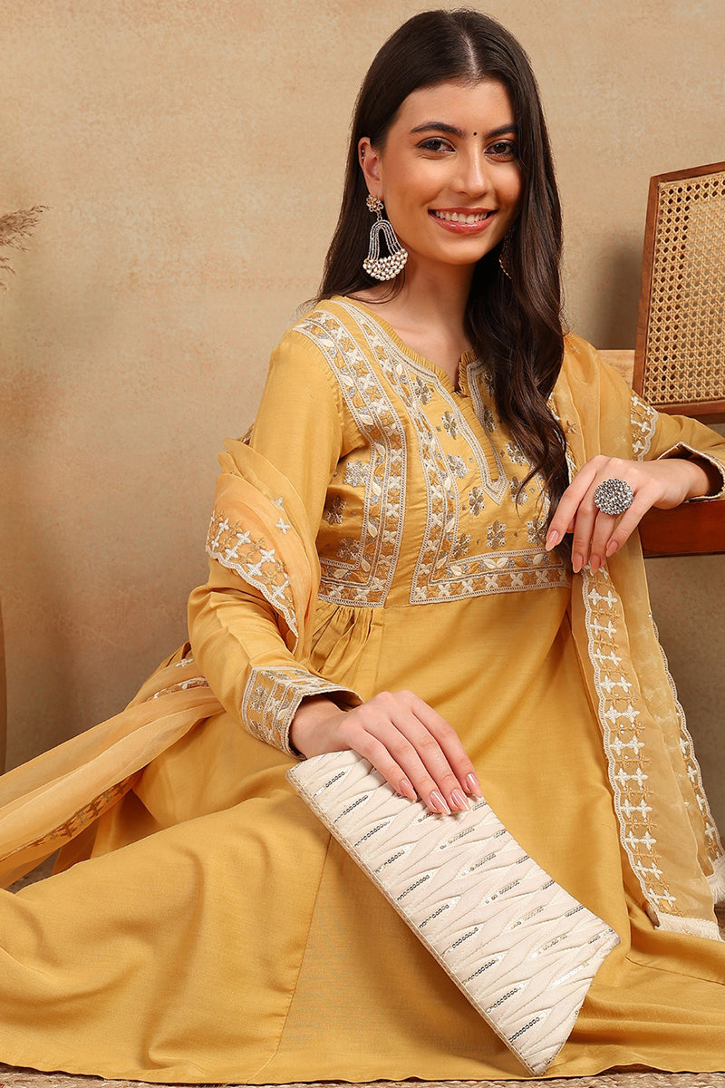 Yellow-Silk-Blend-Solid-Embroidered-Flared-Kurta-Set