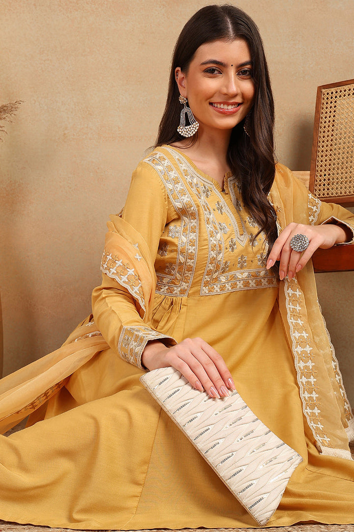 Yellow-Silk-Blend-Solid-Embroidered-Flared-Kurta-Set